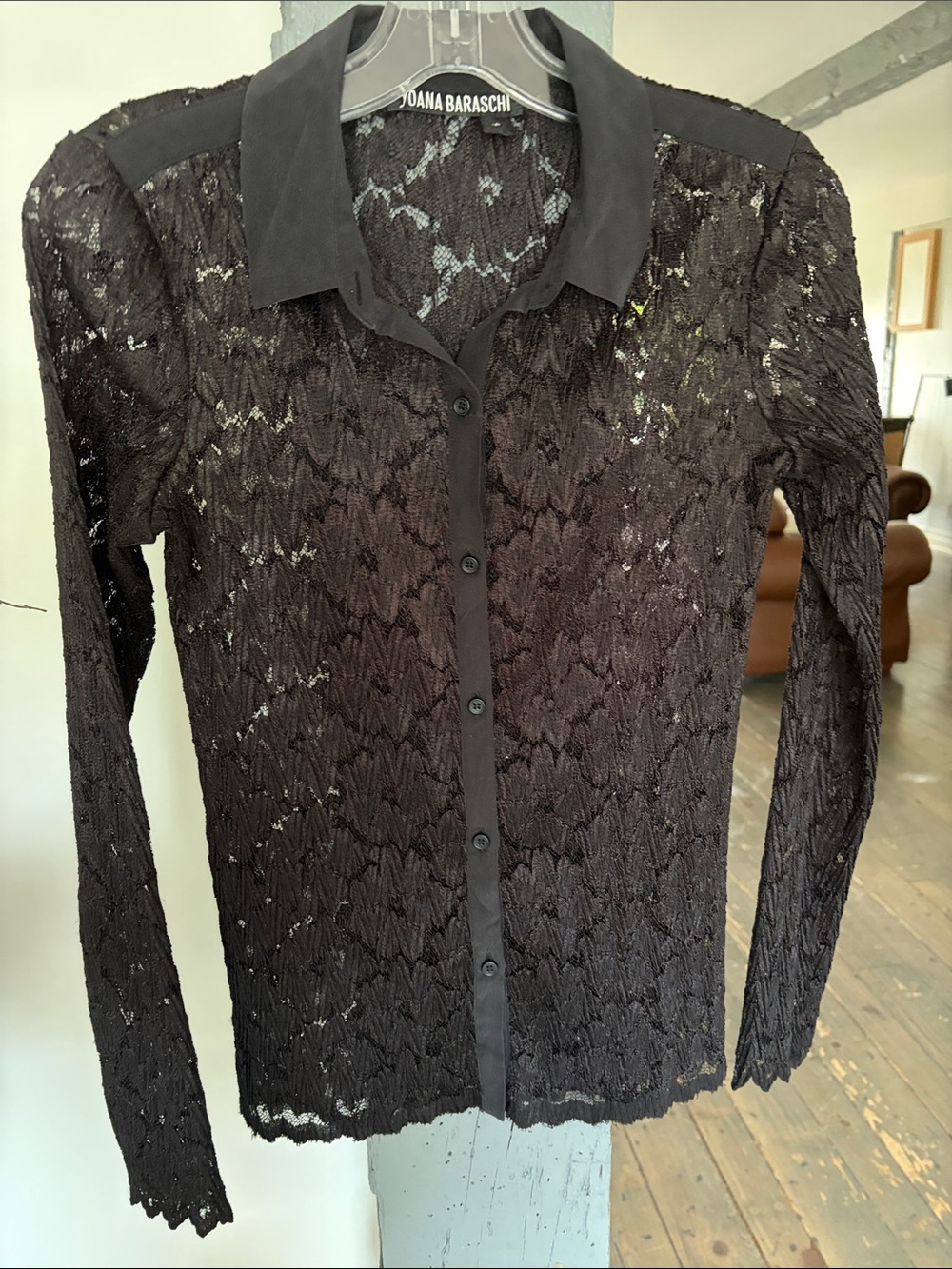 Yoana Baraschi Black Sheer Lace Button-Down Blouse